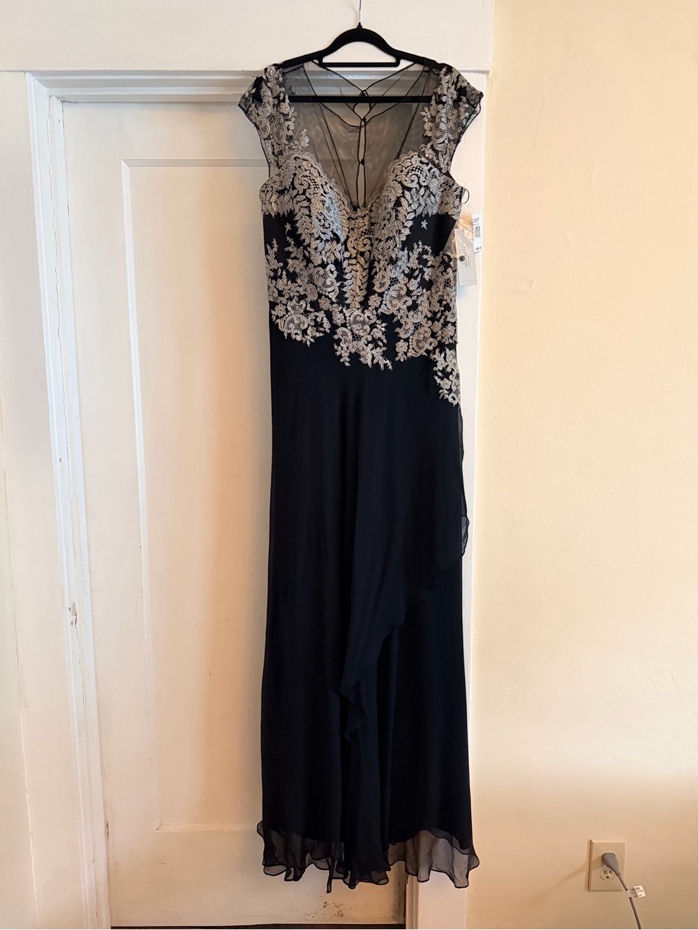 Teri Jon Black Maxi Gown with Silver Lace Embroidery